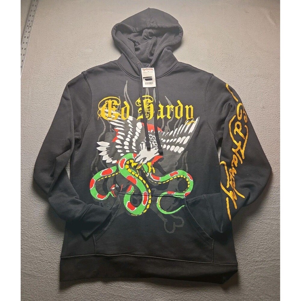 Ed Hardy Eagle Snake Pullover Hoodie Mens XL Black Double Sided Graphic Tattoo